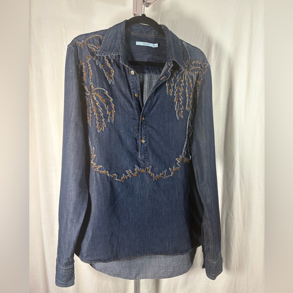 RED Valentino Indigo Denim Half Buttoned Shirt with Contrasting Embroidery